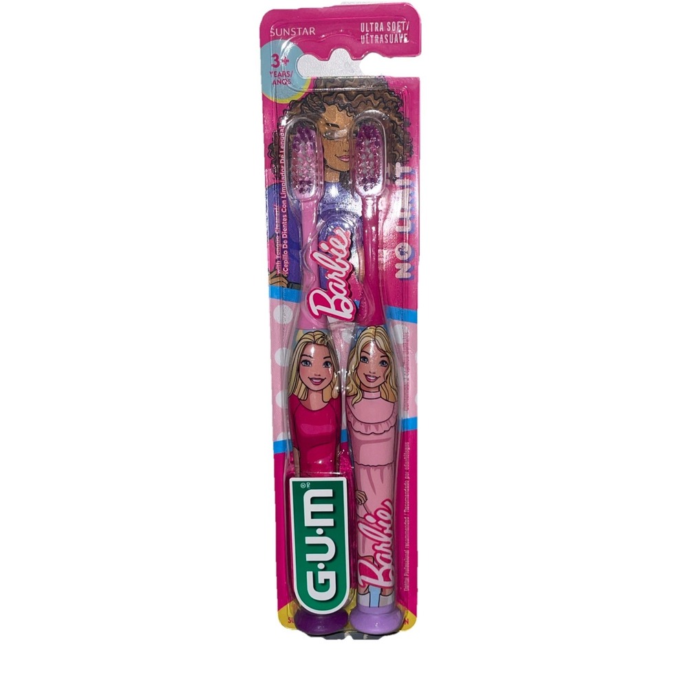 GUM Barbie Ultra Soft Toothbrush 2 Pack Suction Base‎ Tongue Cleaner Barbiecore